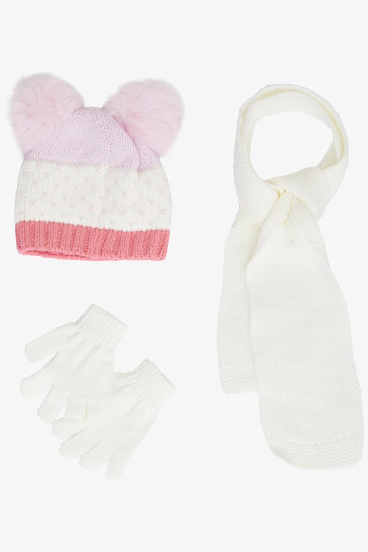BRE Knitted Girl Child Scarf Hat Set Heart Embroidered Double Pom Pom 1-4 Years, Ecru - Roosendaal