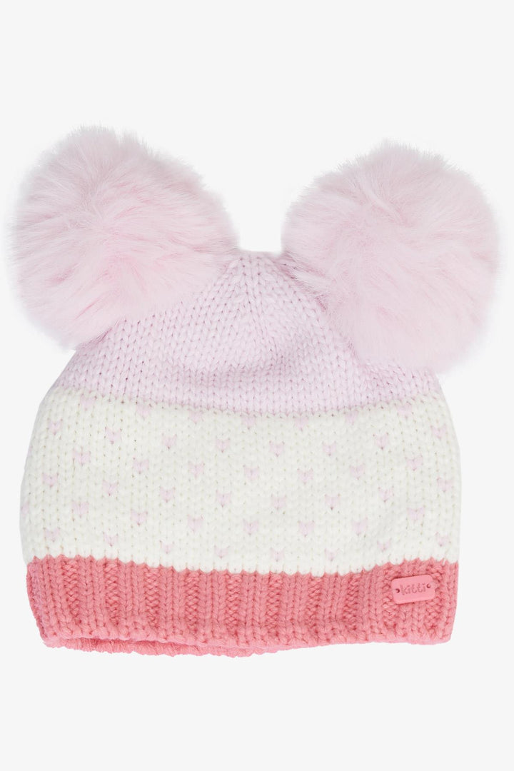 BRE Knitted Girl Child Scarf Hat Set Heart Embroidered Double Pom Pom 1-4 Years, Ecru - Roosendaal