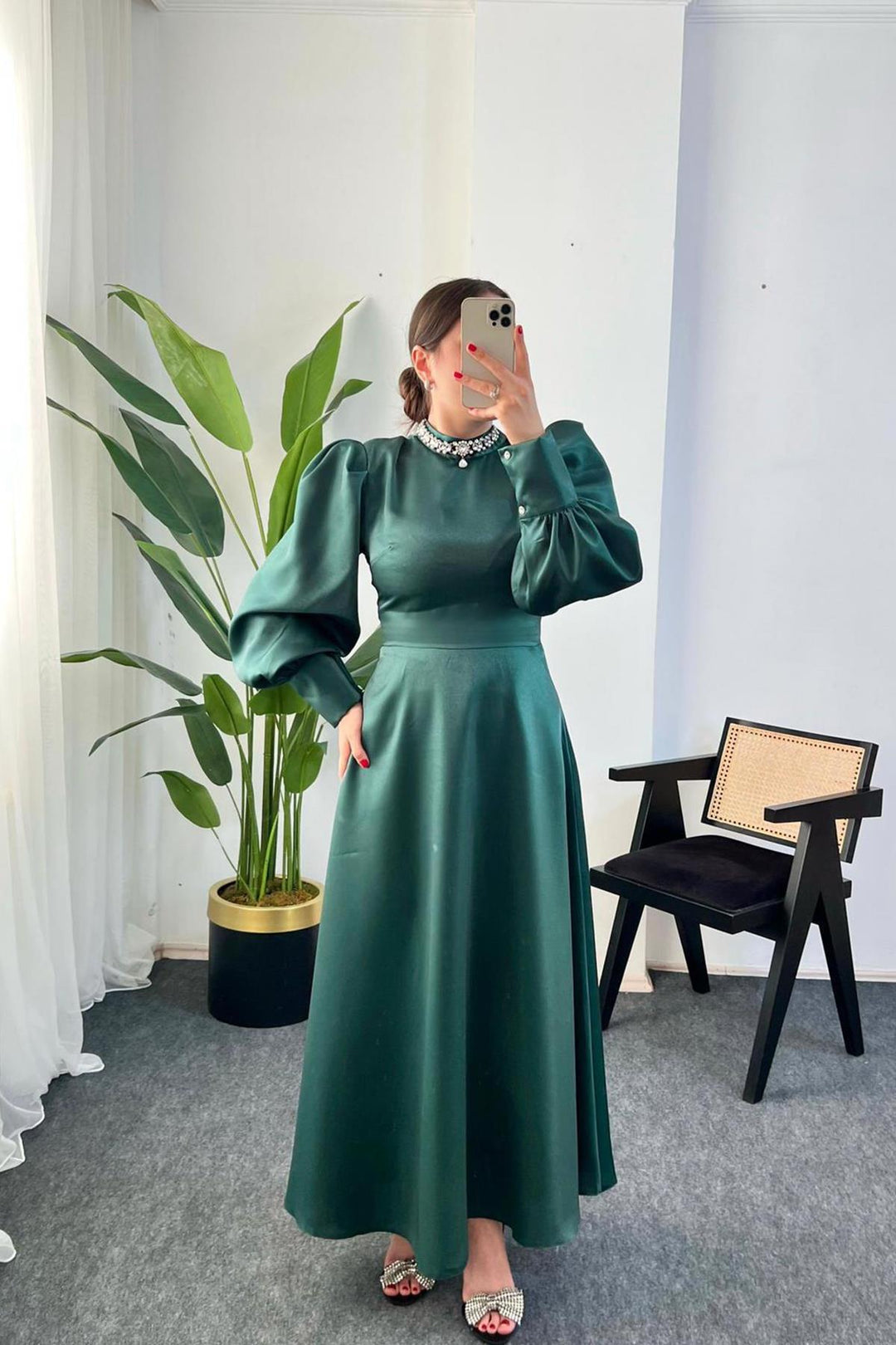 ELS Sleeve Gathered Long Dress - Emerald - Leipzig