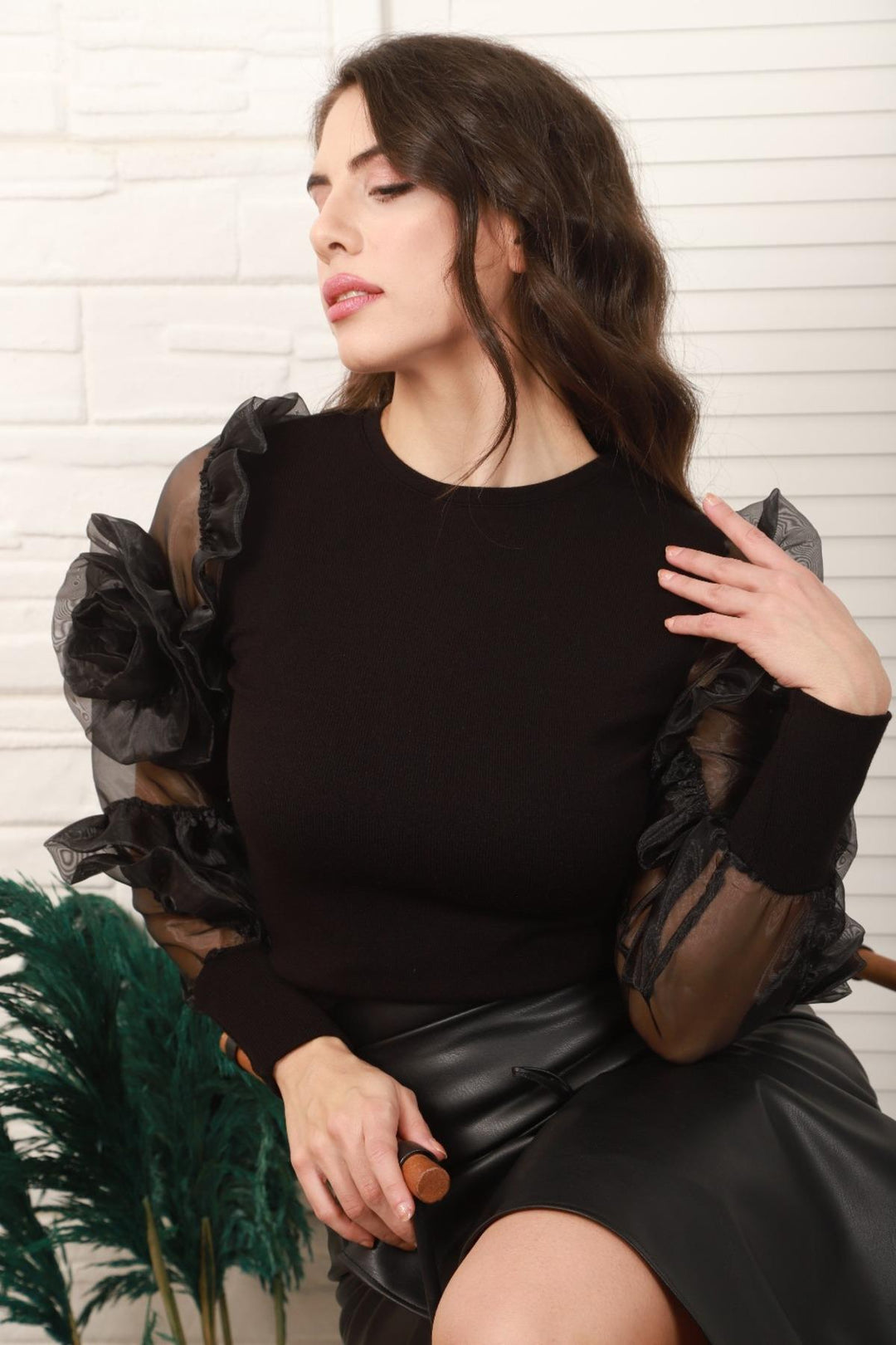 ELS Organza Detailed Sleeve Blouse - Black - South Jordan