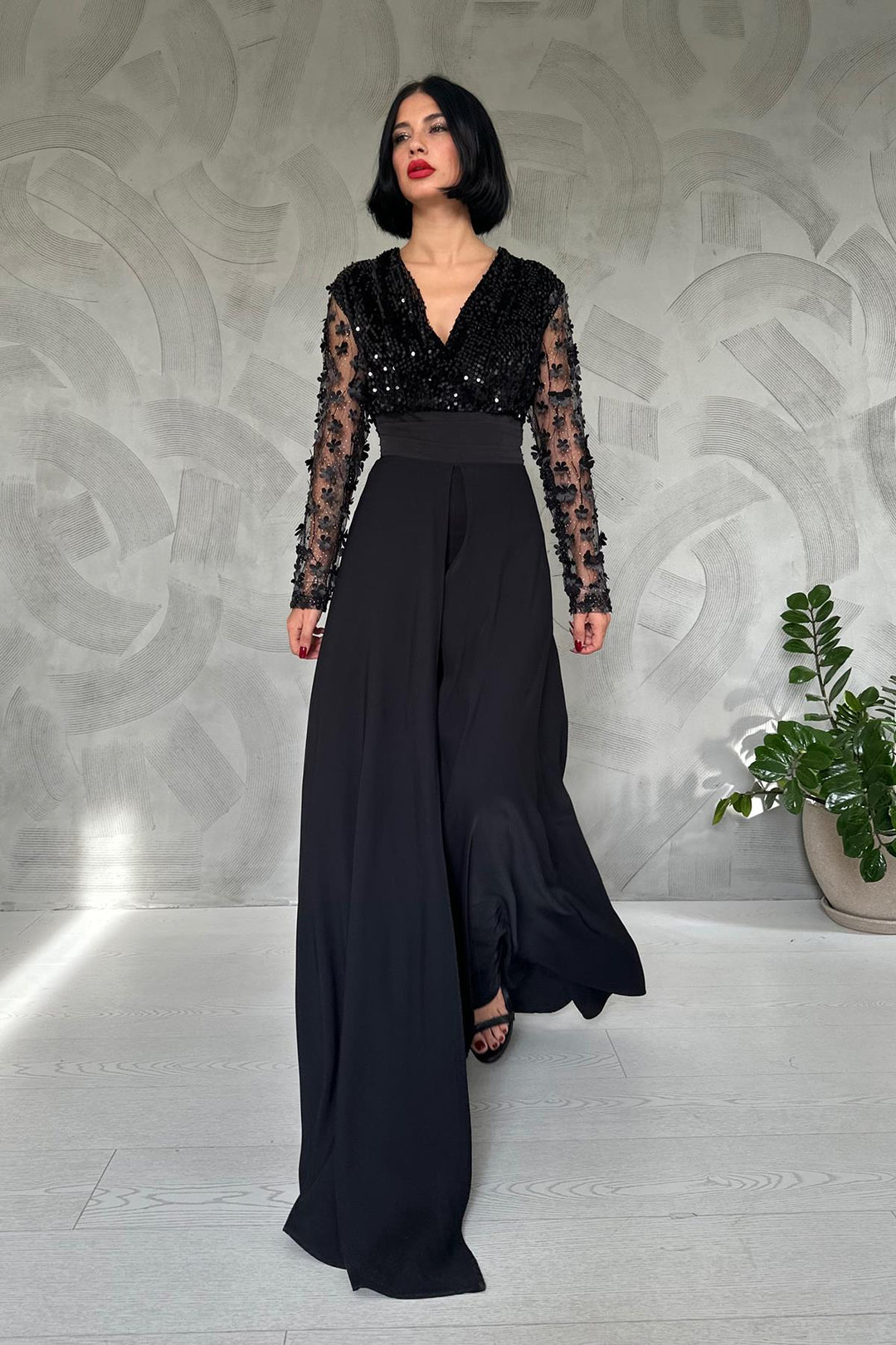 ELS Sleeve Tulle Skirt Jumpsuit - Black - Janesville
