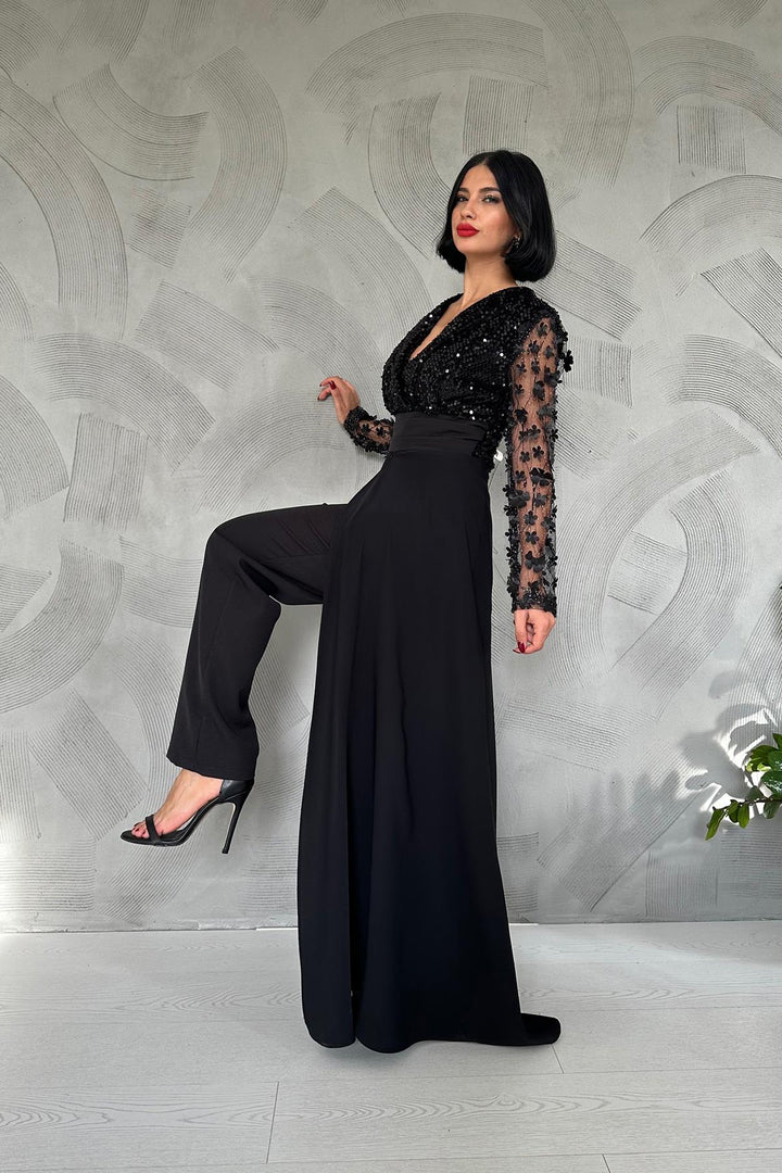 ELS Sleeve Tulle Skirt Jumpsuit - Black - Janesville