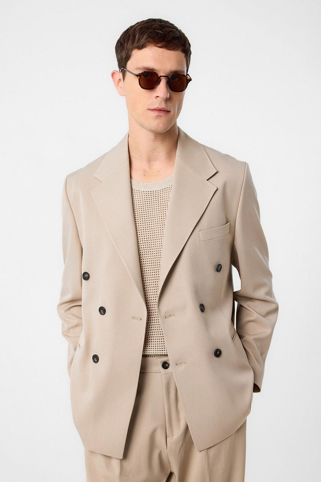 ANT Antioch Village Beige Relax Fit Double Breasted Men's Blazer Jacket - Riga