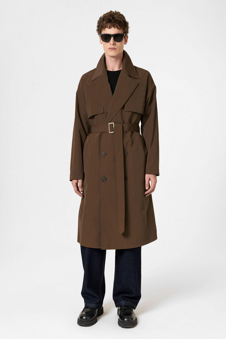 ANT Antioch Village Coffee Double-Breasted Belted Trench Coat - Villa de Álvarez