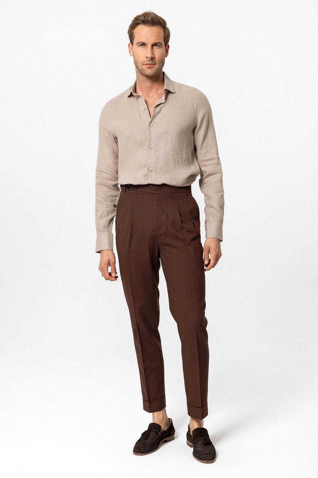 ANT High Waist Linen Blend Pleated Men's Trousers - Tucker