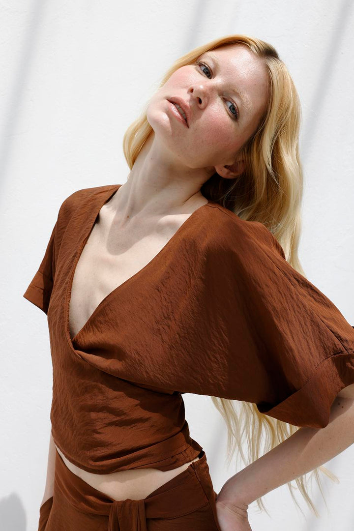 BSL Women Double Breasted Closure Tie Blouse - Miami Beach