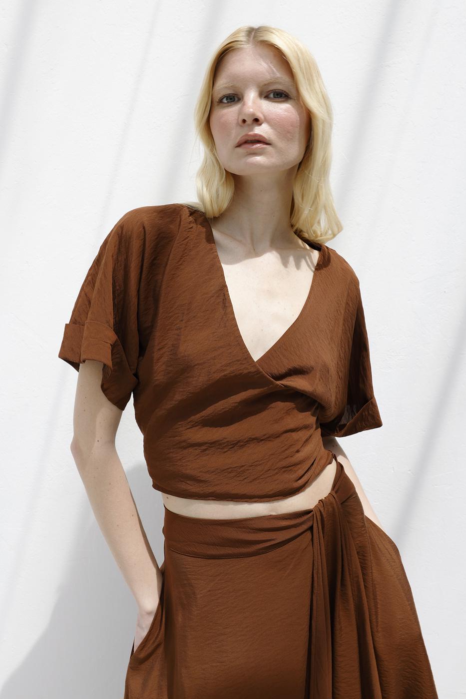 BSL Women Double Breasted Closure Tie Blouse - Miami Beach