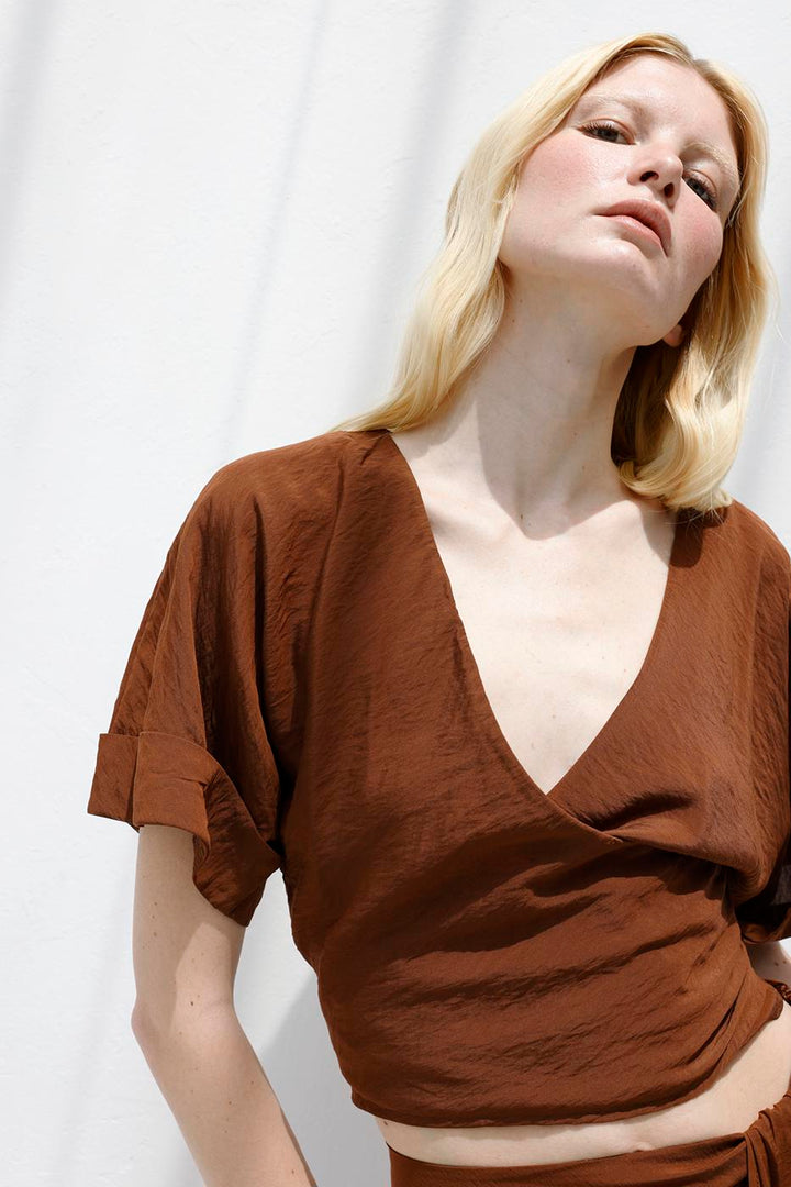 BSL Women Double Breasted Closure Tie Blouse - Miami Beach