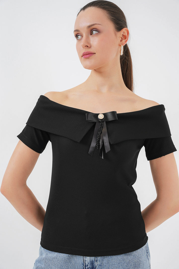 BGD Women Ribbon Detailed Knit Blouse 949 - Black - Bayonne