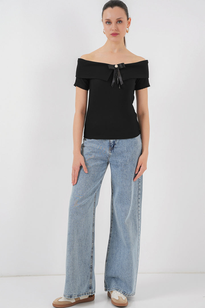 BGD Women Ribbon Detailed Knit Blouse 949 - Black - Bayonne