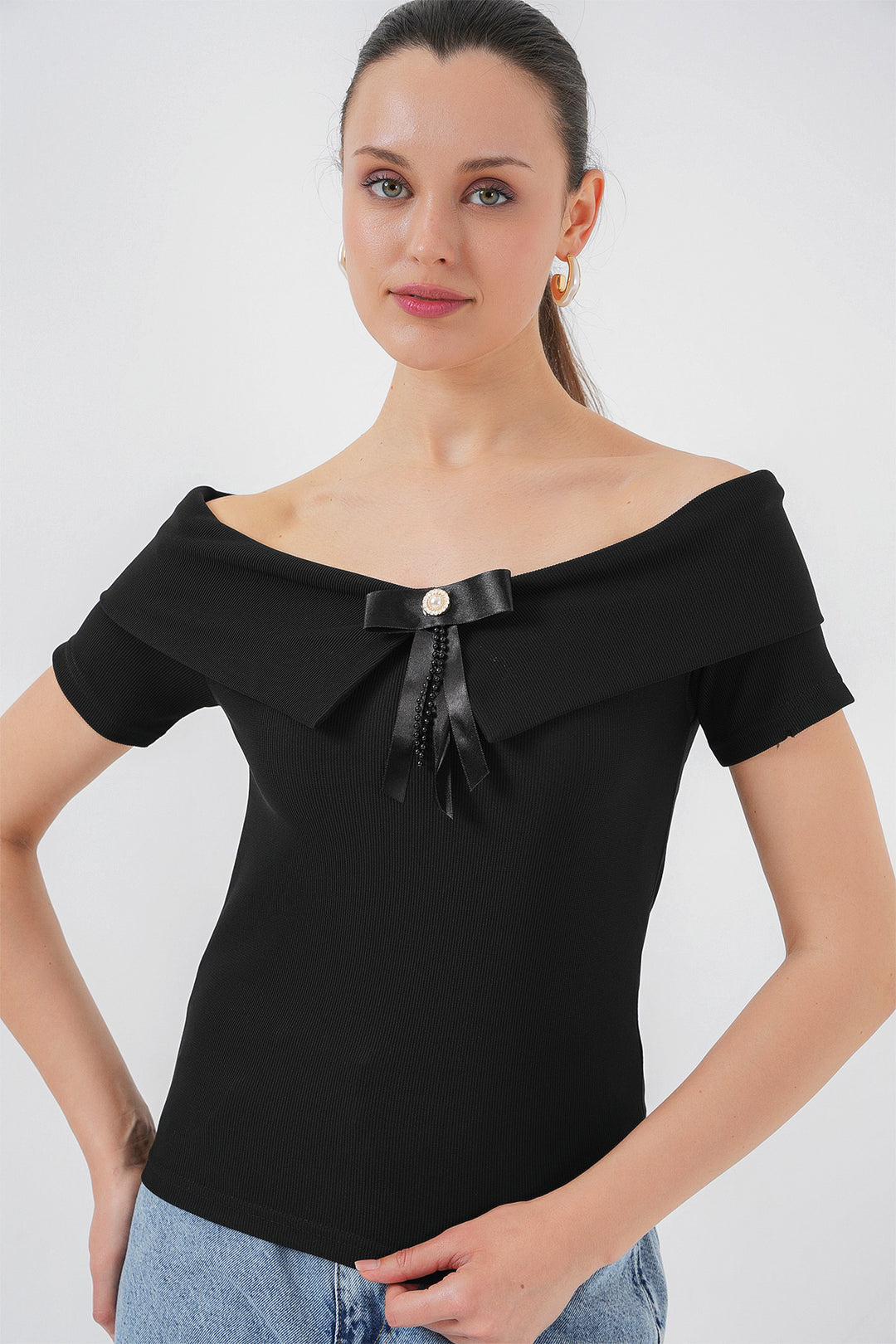 BGD Women Ribbon Detailed Knit Blouse 949 - Black - Bayonne