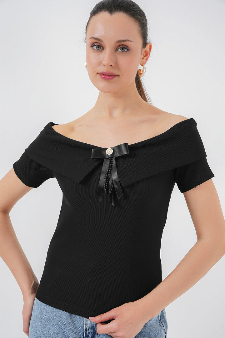 BGD Women Ribbon Detailed Knit Blouse 949 - Black - Bayonne