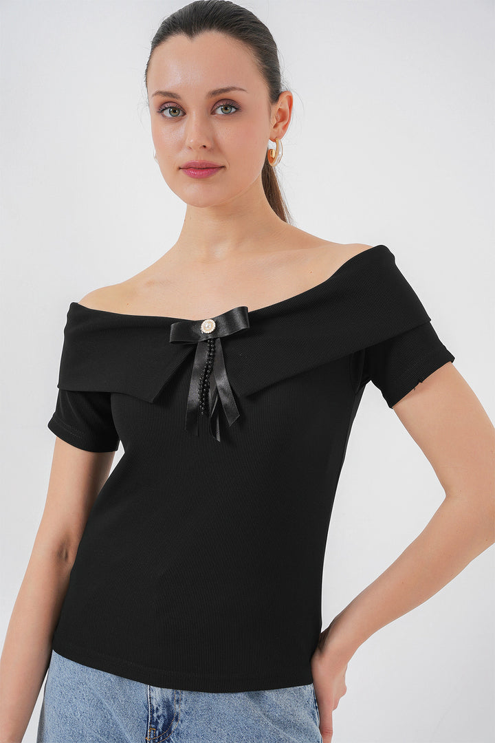 BGD Women Ribbon Detailed Knit Blouse 949 - Black - Bayonne