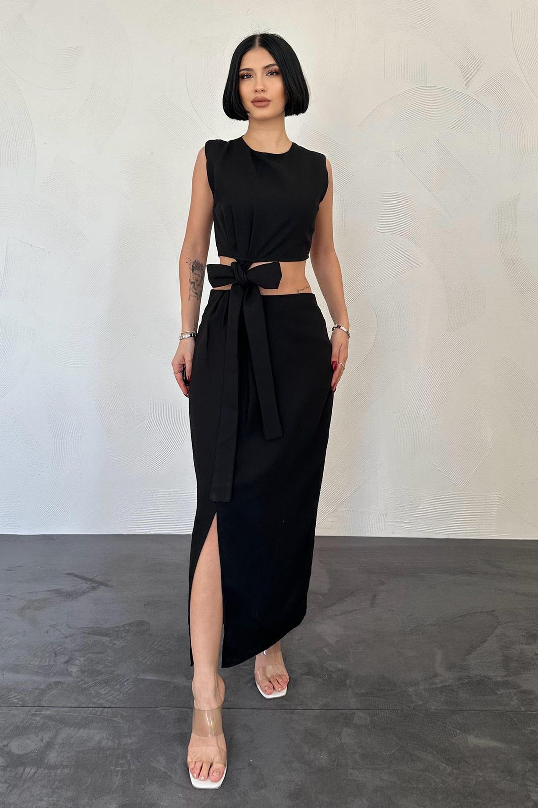 ELS Belted Crop Top and Skirt Set - Black - Sarcelles