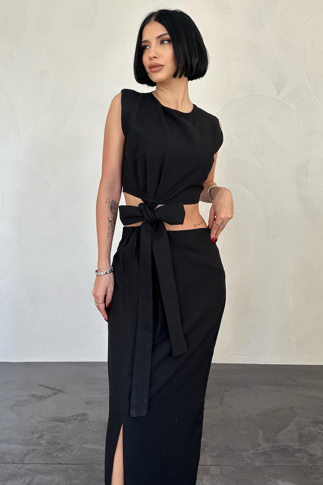 ELS Belted Crop Top and Skirt Set - Black - Sarcelles
