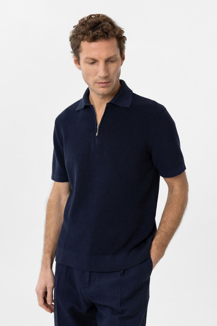 ANT Antioch Navy Blue Zippered Woven Men's Knit T-Shirt - Cranston