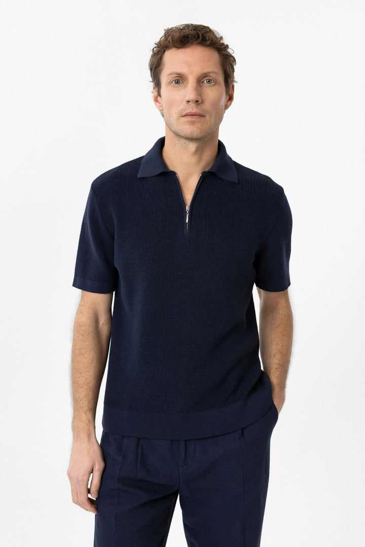 ANT Antioch Navy Blue Zippered Woven Men's Knit T-Shirt - Cranston