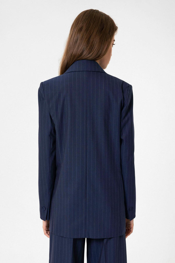 ANT Antioch Navy Blue Women's Single Button Striped Blazer Jacket - Calgary