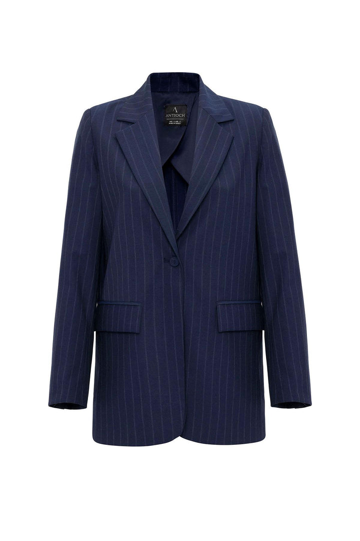 ANT Antioch Navy Blue Women's Single Button Striped Blazer Jacket - Calgary