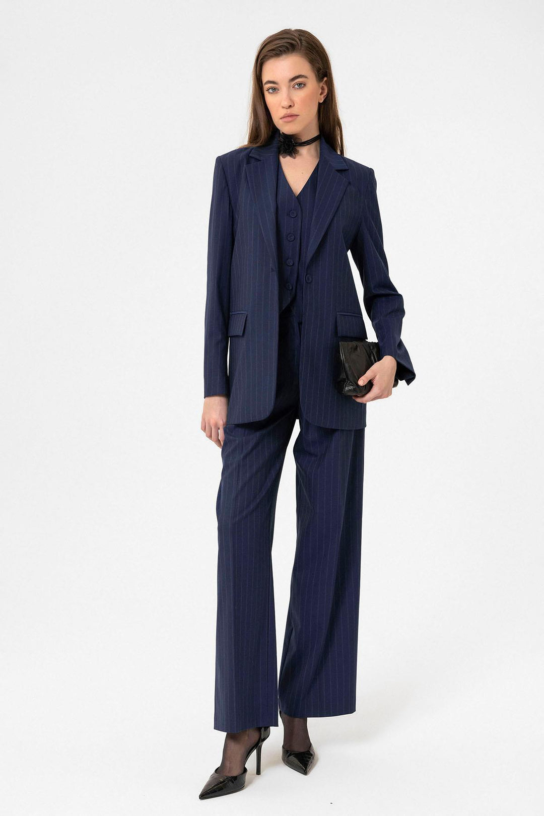 ANT Antioch Navy Blue Women's Single Button Striped Blazer Jacket - Calgary