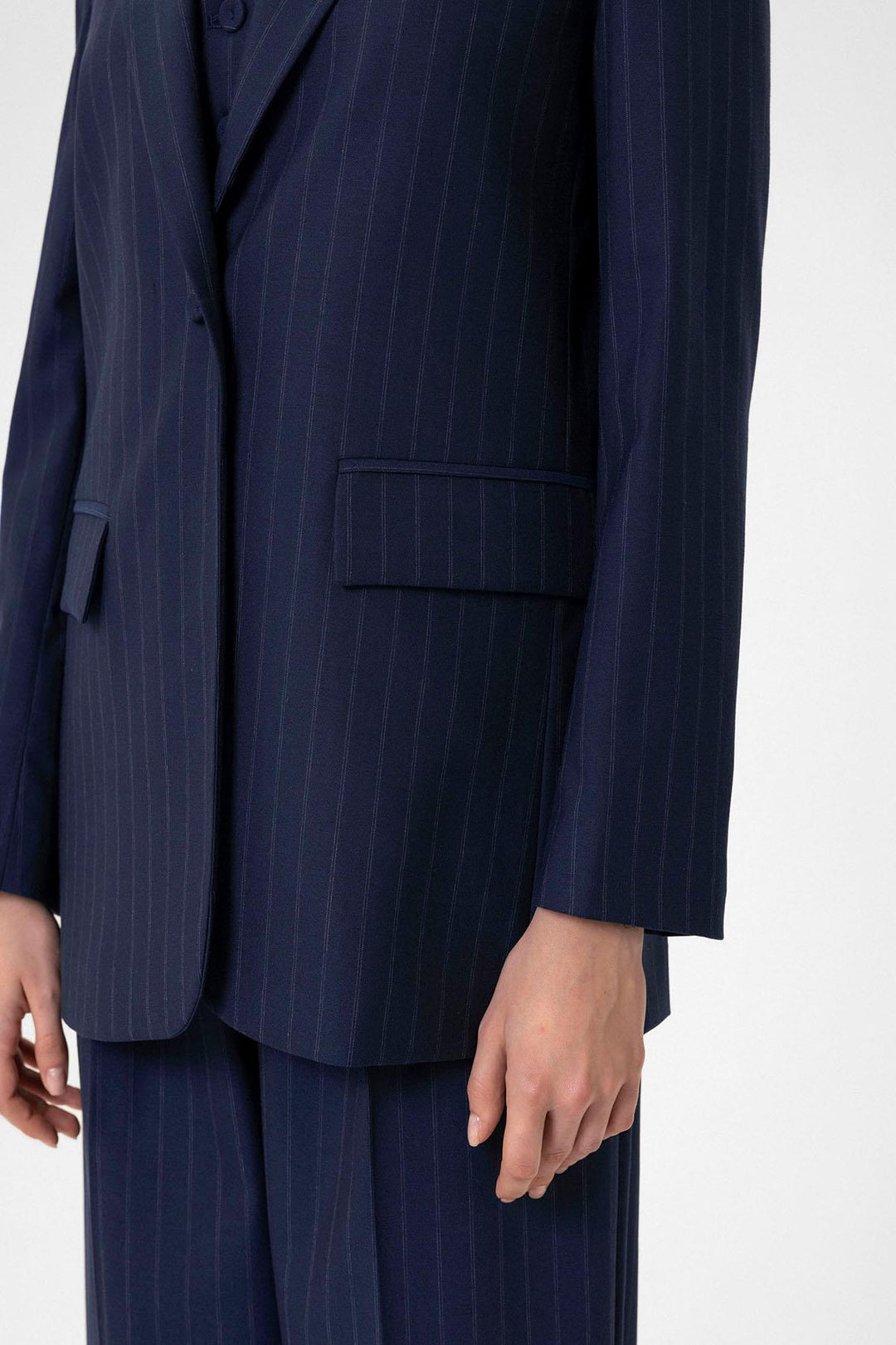 ANT Antioch Navy Blue Women's Single Button Striped Blazer Jacket - Calgary