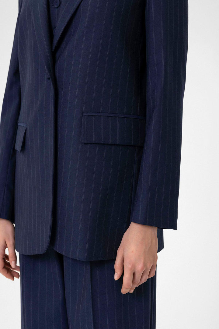ANT Antioch Navy Blue Women's Single Button Striped Blazer Jacket - Calgary