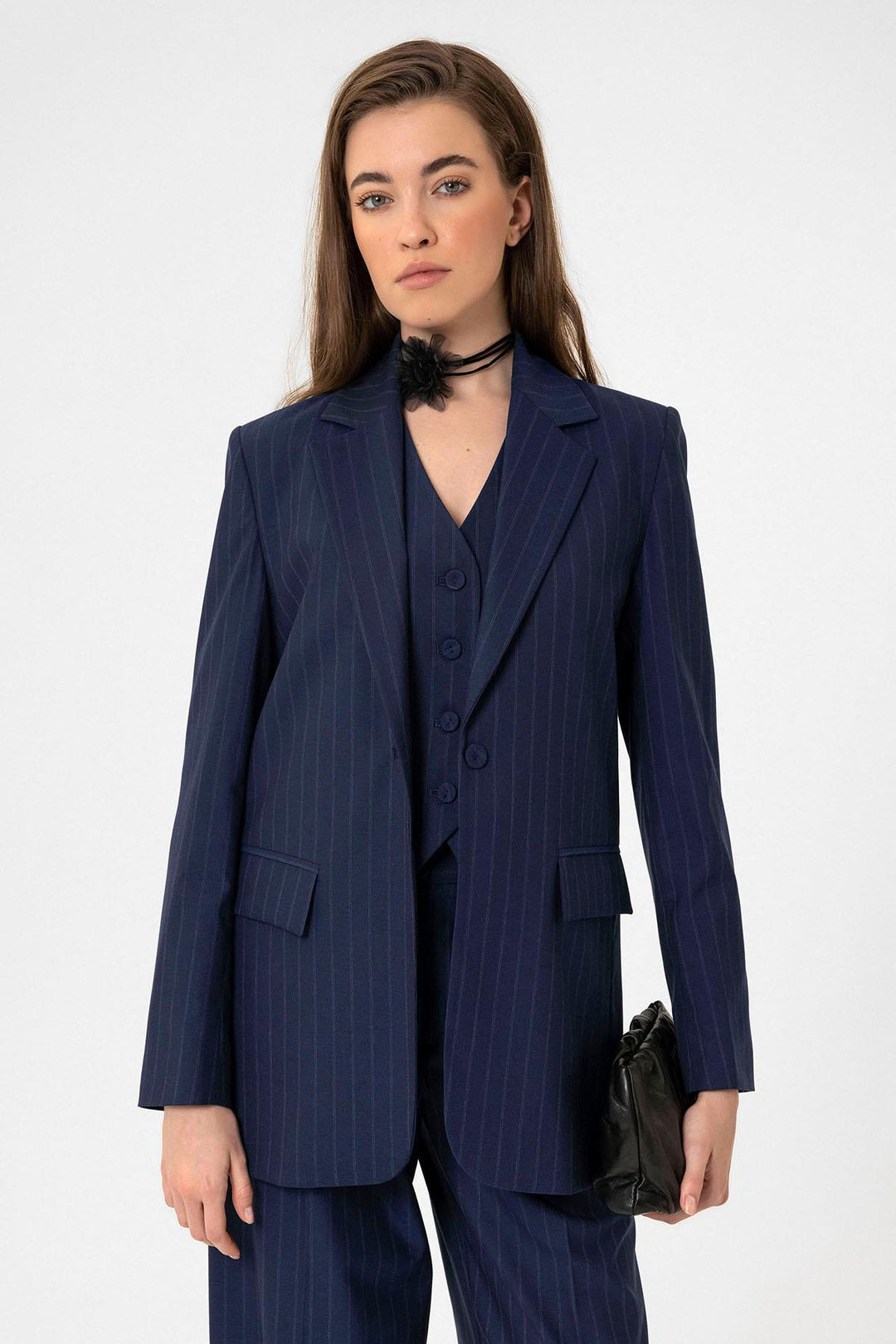 ANT Antioch Navy Blue Women's Single Button Striped Blazer Jacket - Calgary