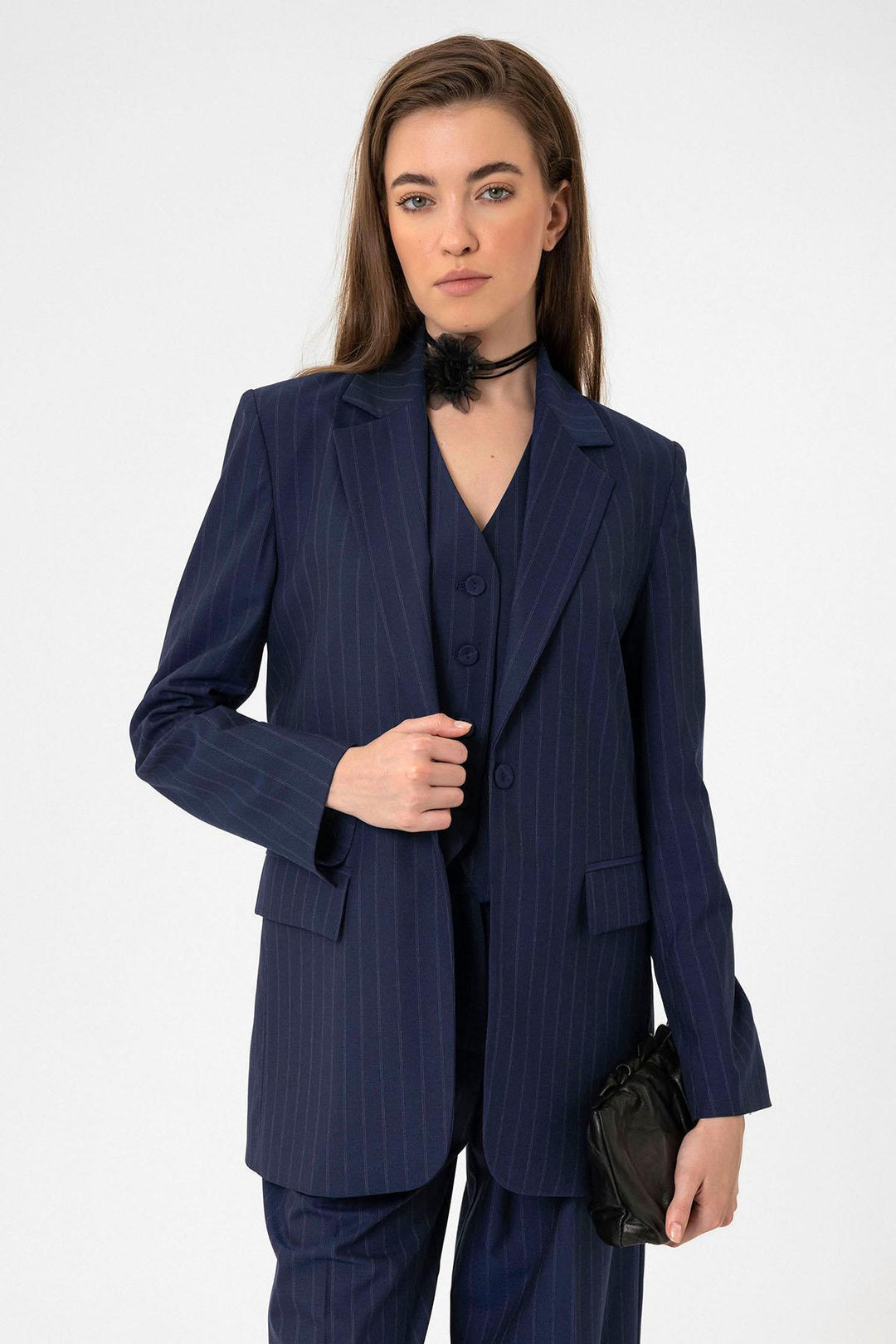 ANT Antioch Navy Blue Women's Single Button Striped Blazer Jacket - Calgary
