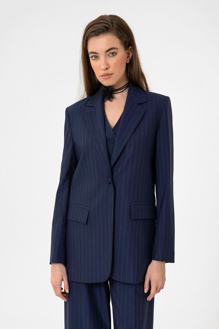 ANT Antioch Navy Blue Women's Single Button Striped Blazer Jacket - Calgary