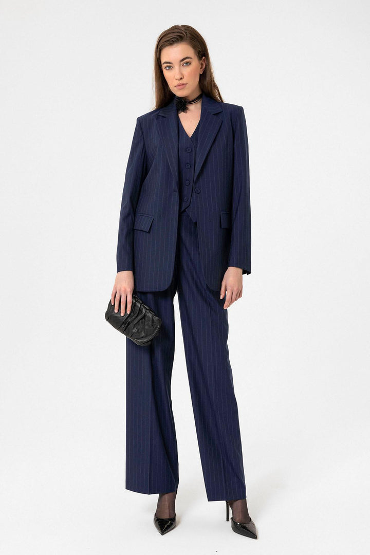 ANT Antioch Navy Blue Women's Single Button Striped Blazer Jacket - Calgary