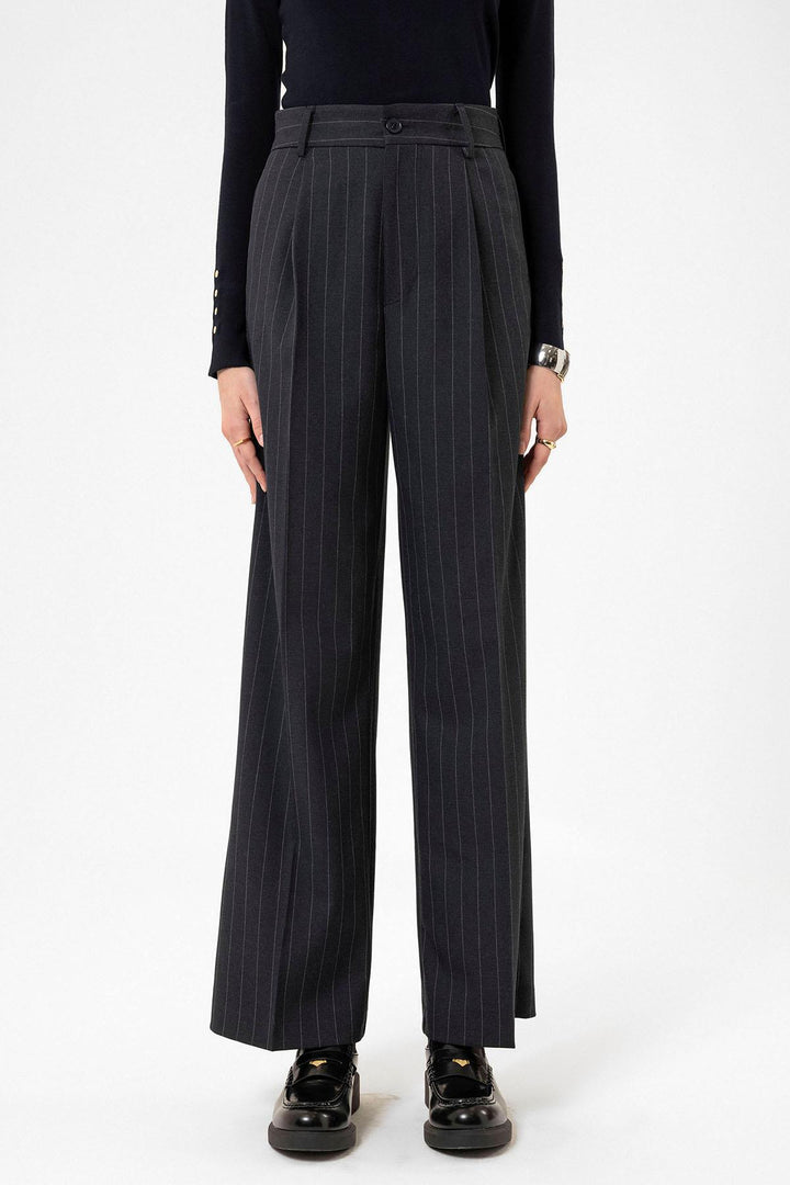 ANT Antioch Navy Blue High Waist Pleated Striped Pants for Women - Cornwall