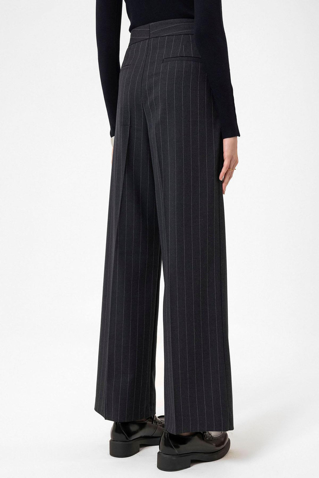 ANT Antioch Navy Blue High Waist Pleated Striped Pants for Women - Cornwall