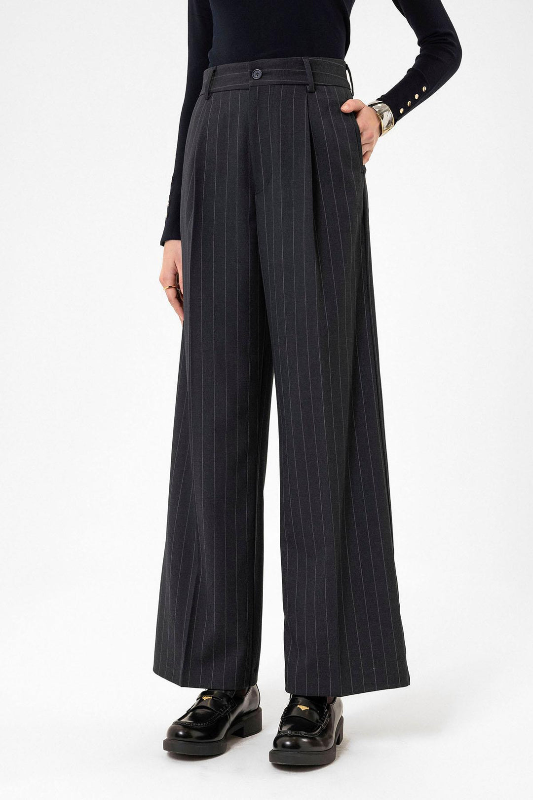ANT Antioch Navy Blue High Waist Pleated Striped Pants for Women - Cornwall