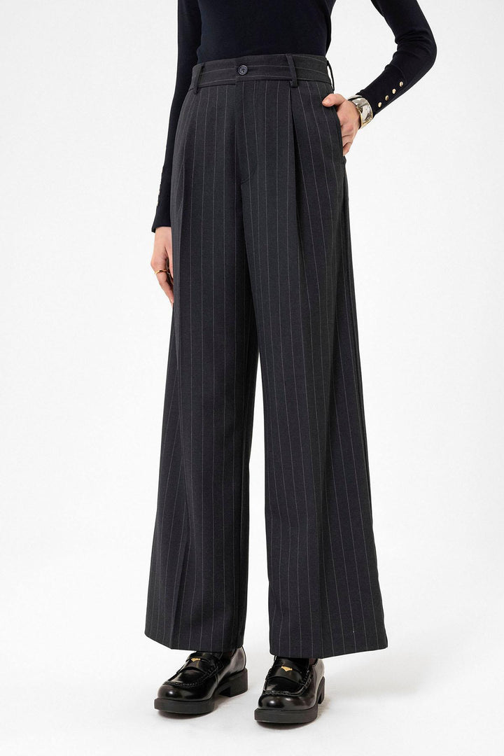 ANT Antioch Navy Blue High Waist Pleated Striped Pants for Women - Cornwall