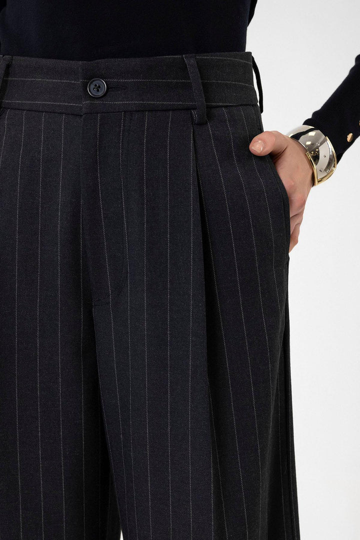 ANT Antioch Navy Blue High Waist Pleated Striped Pants for Women - Cornwall