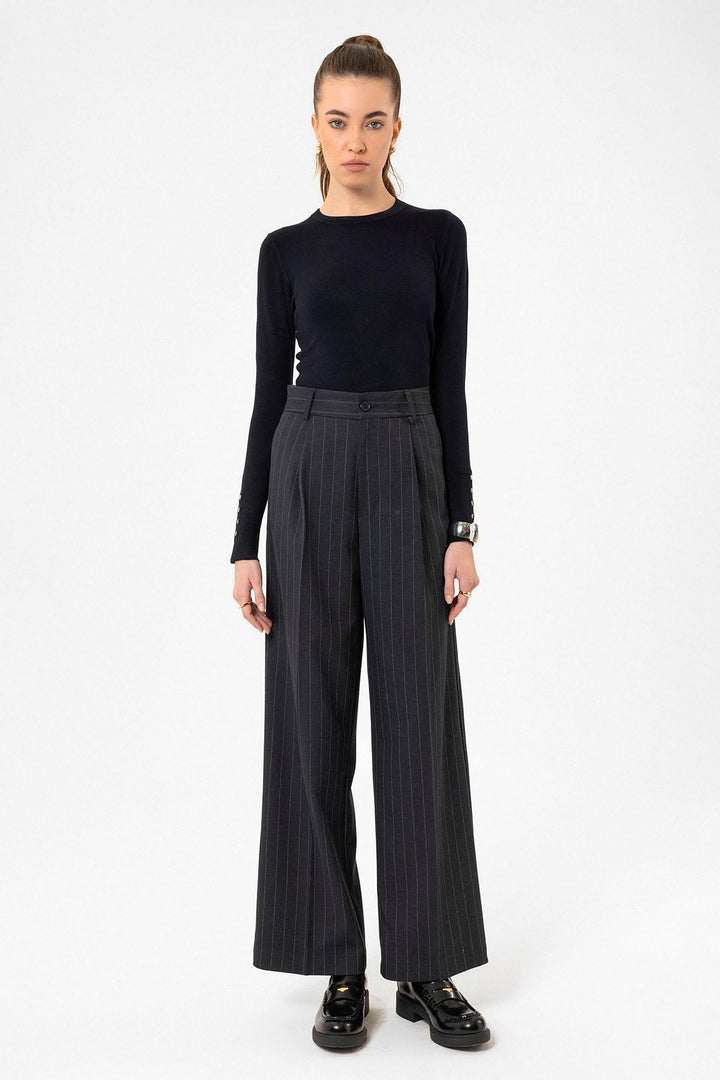 ANT Antioch Navy Blue High Waist Pleated Striped Pants for Women - Cornwall