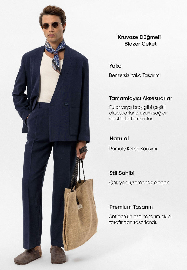 ANT Men's Linen Blend Double-breasted Buttoned Blazer Jacket - College Park