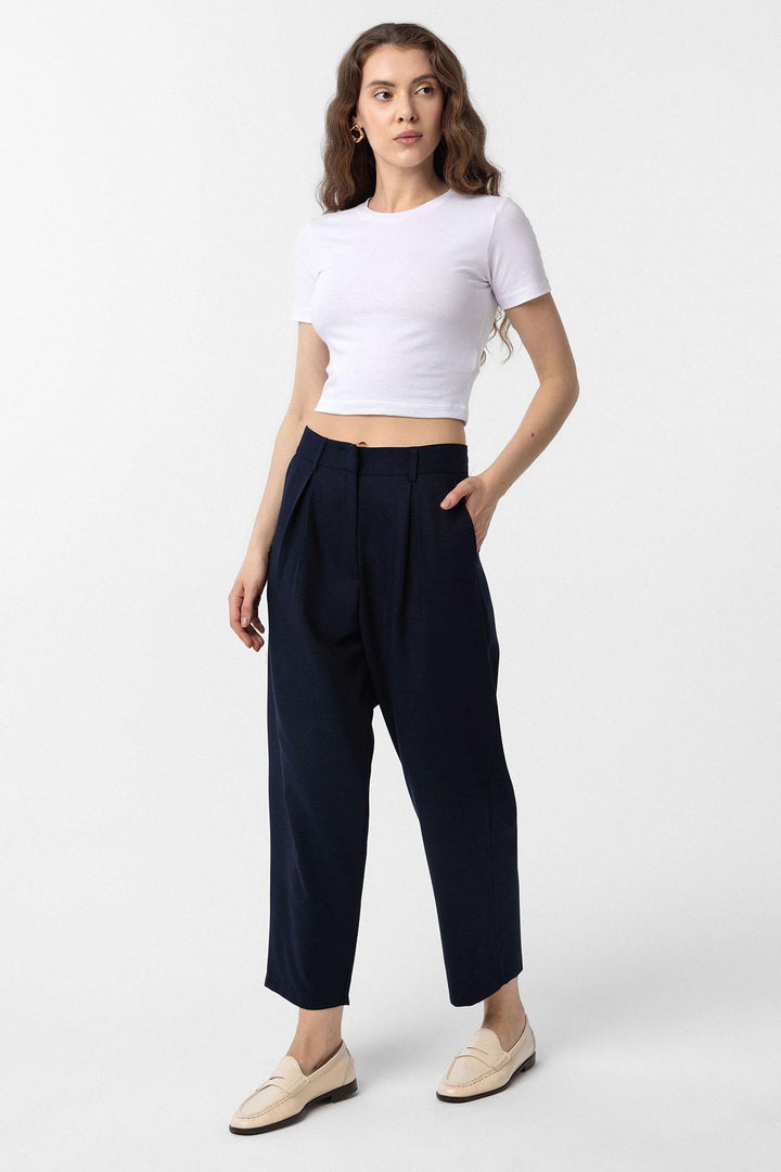 ANT Antioch Navy Blue Belted Soft Ankle-Length Women's Pants - Fondi