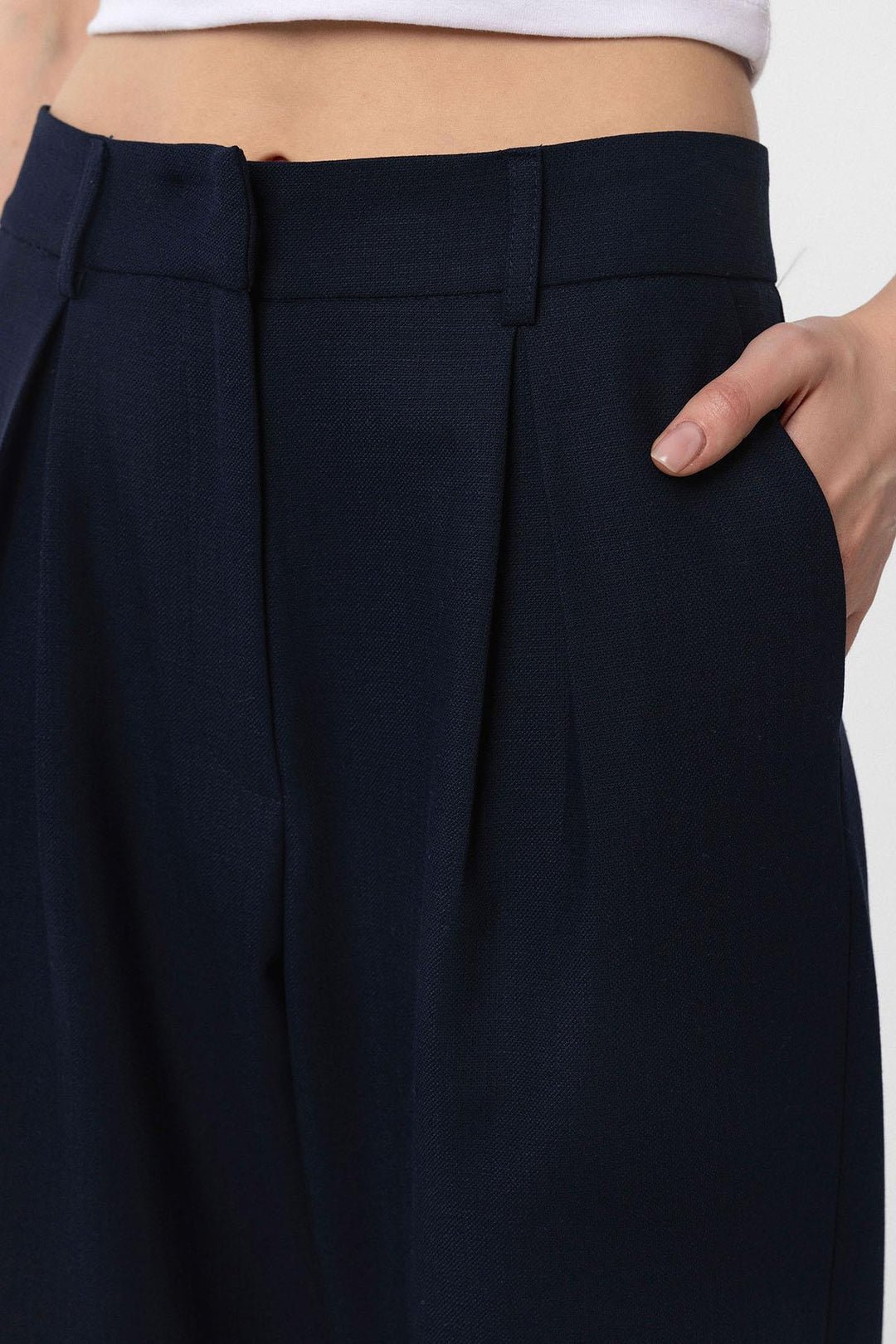 ANT Antioch Navy Blue Belted Soft Ankle-Length Women's Pants - Fondi