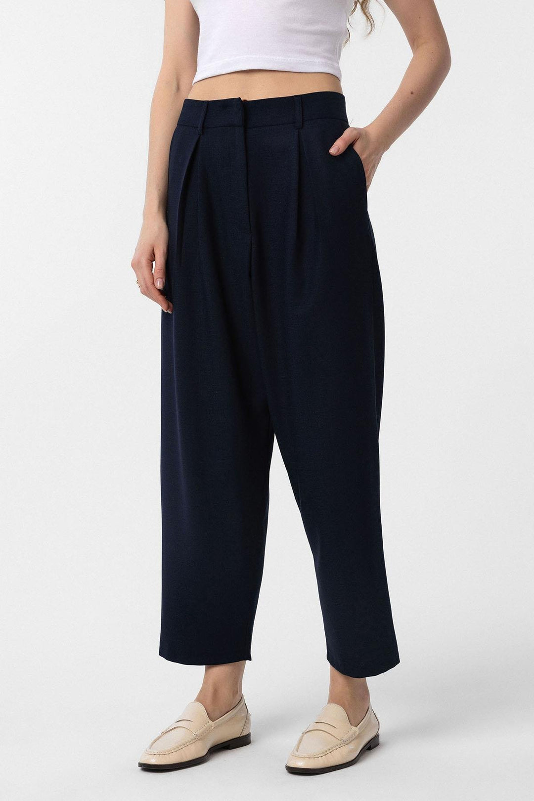 ANT Antioch Navy Blue Belted Soft Ankle-Length Women's Pants - Fondi