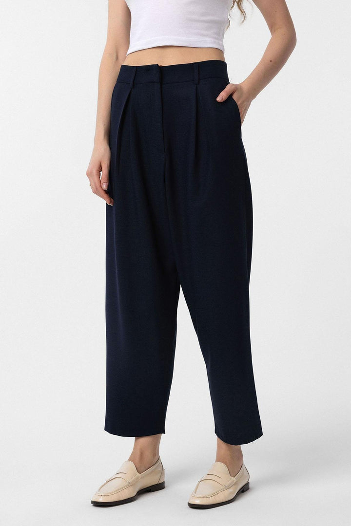 ANT Antioch Navy Blue Belted Soft Ankle-Length Women's Pants - Fondi