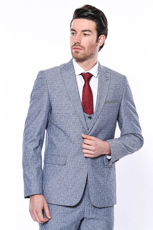 WSS Linen Touch Blue Men's 3 Piece Suit  - Veenendaal