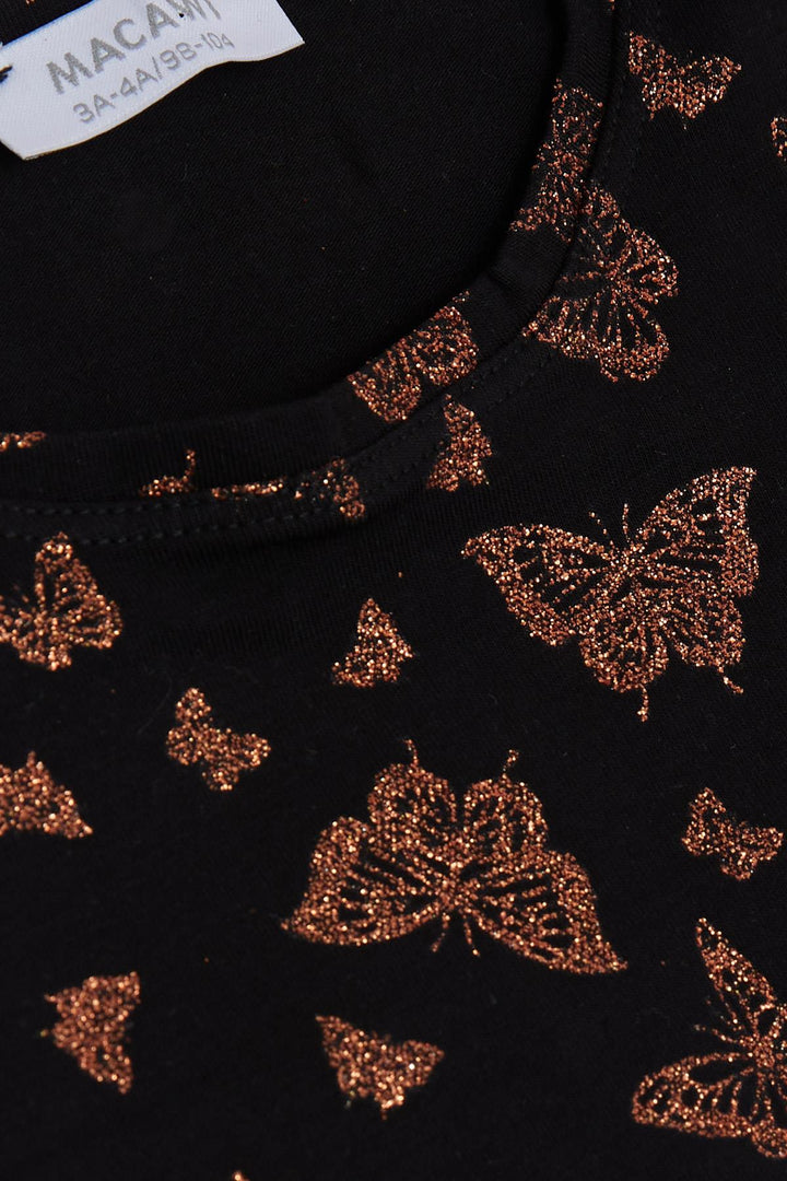 BRE Macaw Girl's Pajama Set with Glittery Butterfly Pattern, 3-7 Years, Black - Gjilan