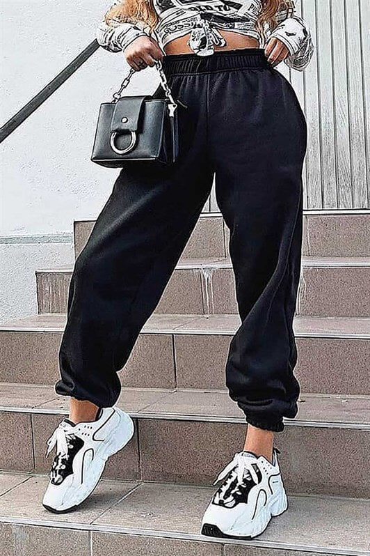 MDX Mad Girls Black Elastic Waist Oversized Women's Sweatpants MG324 - Merthyr Tudful