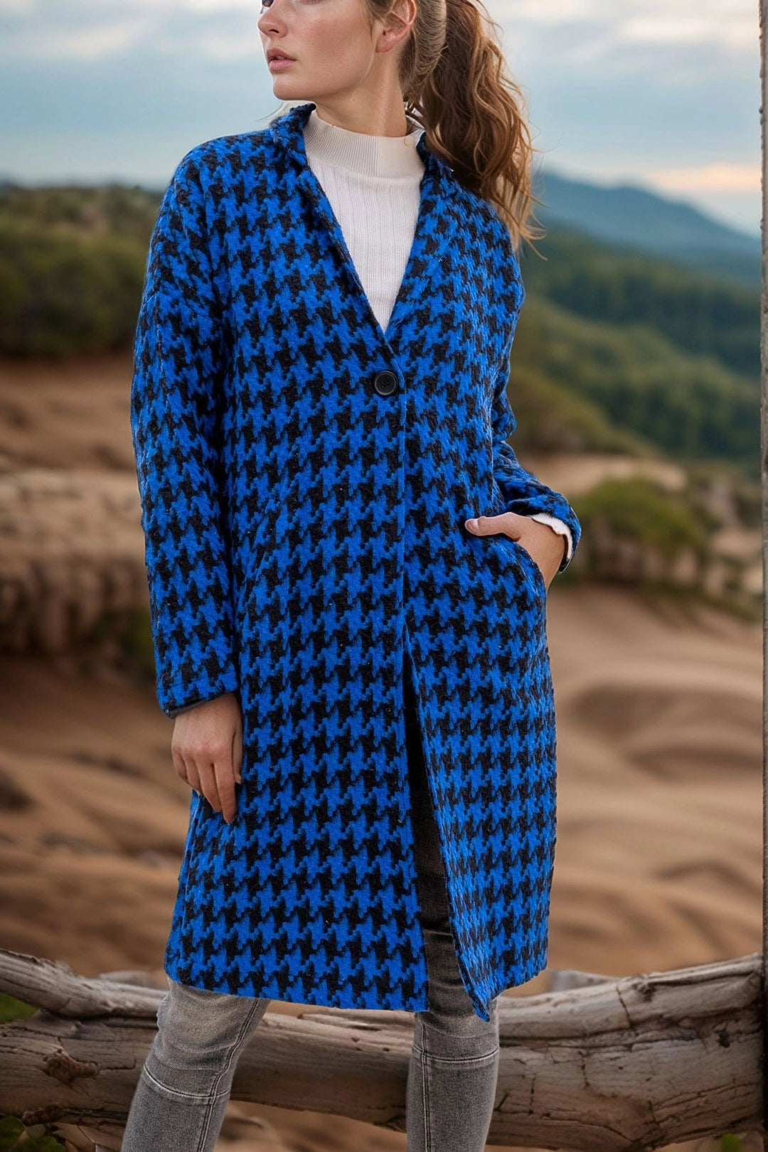 Blue Lined Houndstooth Patterned Pocketed Oversized Buttoned Coat BCBSK-25700-3299 - Rovigo