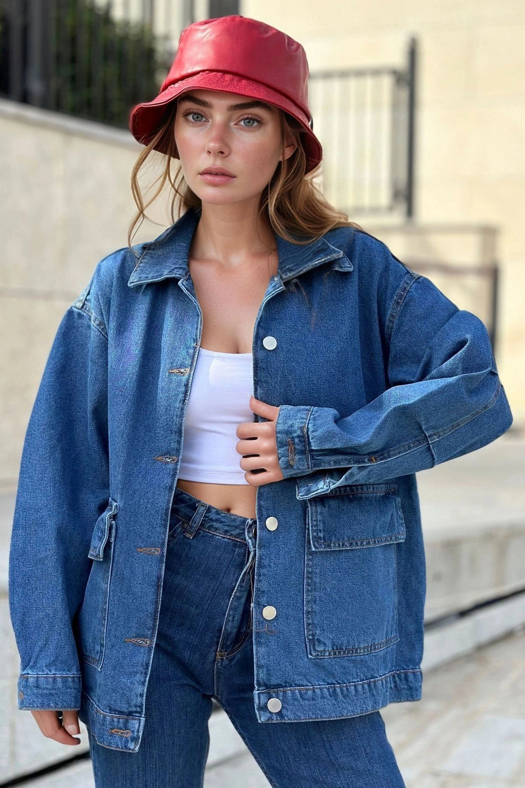 Blue Pocketed Oversized Crop Denim Jacket BCBSK-25700-KT001 - Gallarate