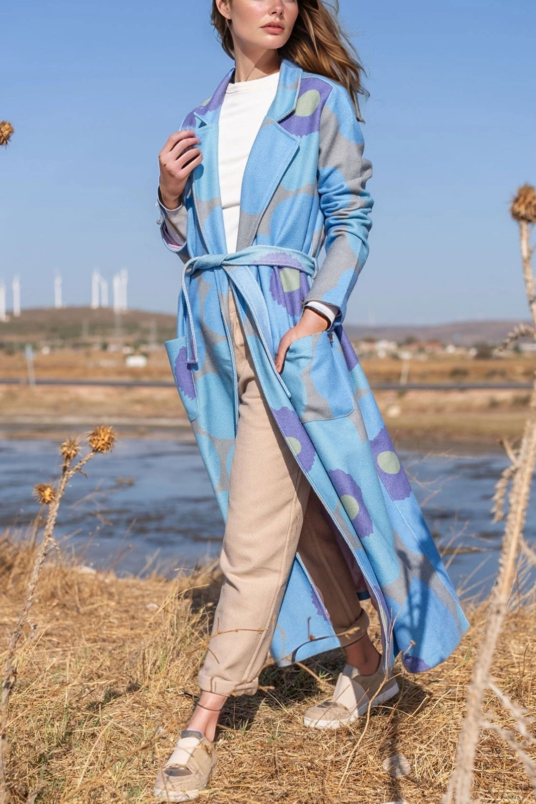 Blue Cashmere Lined Digital Printed Belted Long Coat BCBSK-25700-3491 - Grantham