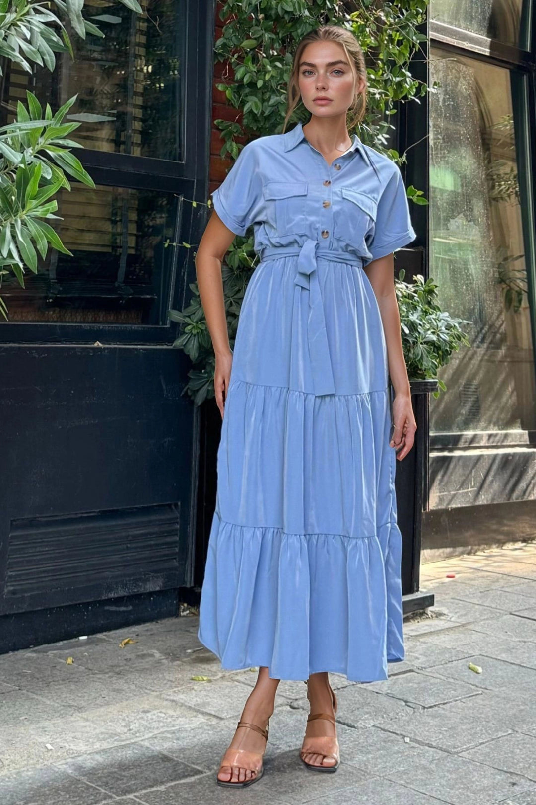 Blue Half Pleated Skirted Belted Loose Dress BCBSK-25700-3336 - Boadilla del Monte