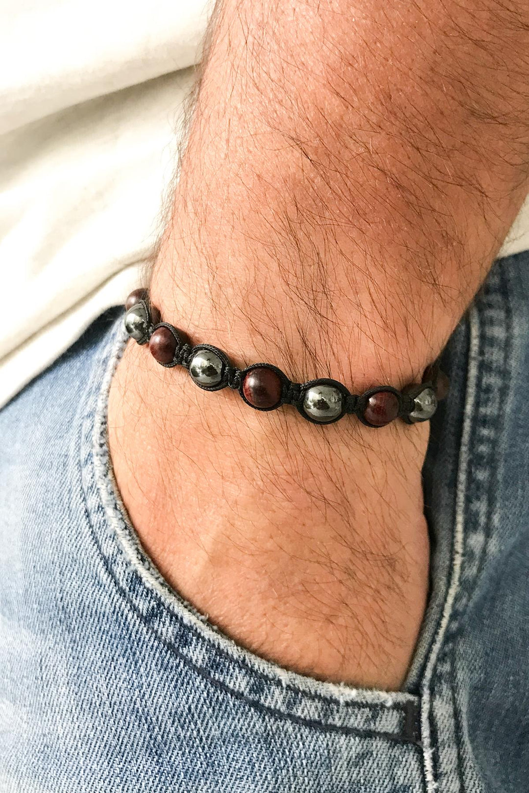 NVM NOON Natural Hematite-Jade Stone Smoky-Burgundy Color Handmade Adjustable Macrame Men's Bracelet NN1432 - Ratingen