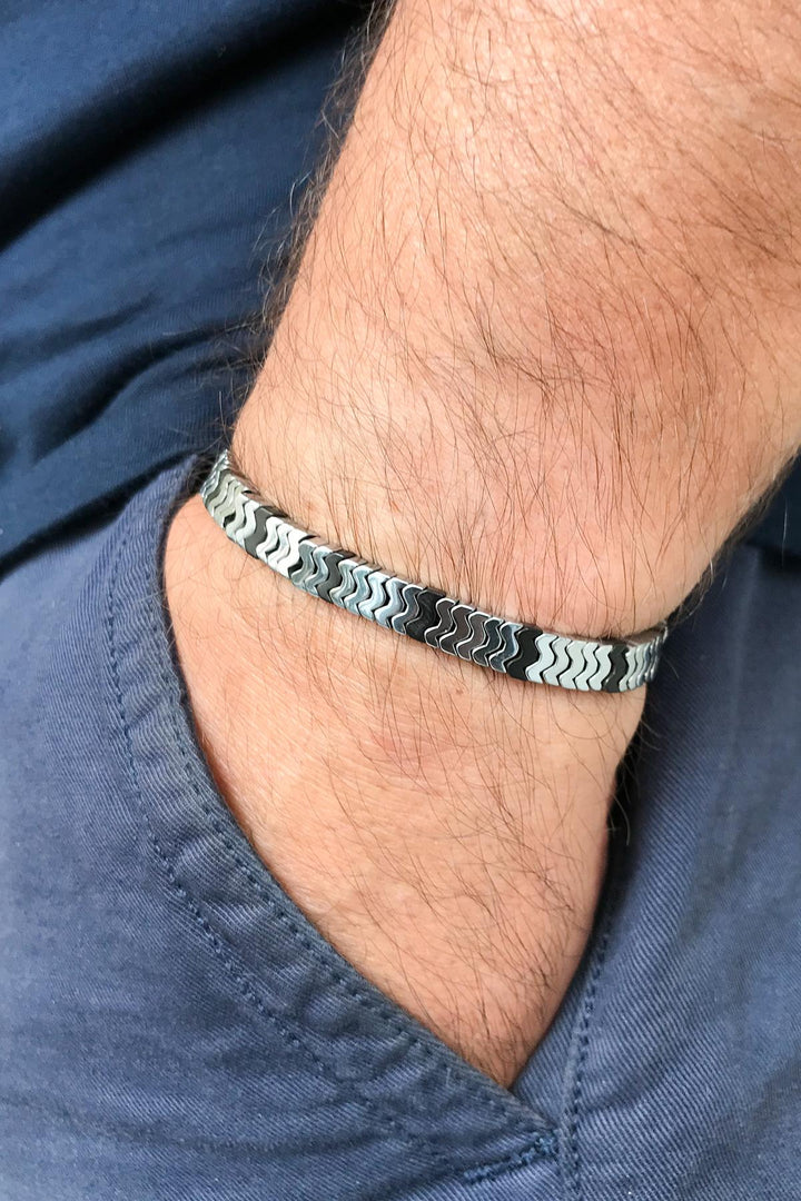 NVM NOON Hematite Stone Silver Color Adjustable Men's Bracelet NN1444 - Kokomo